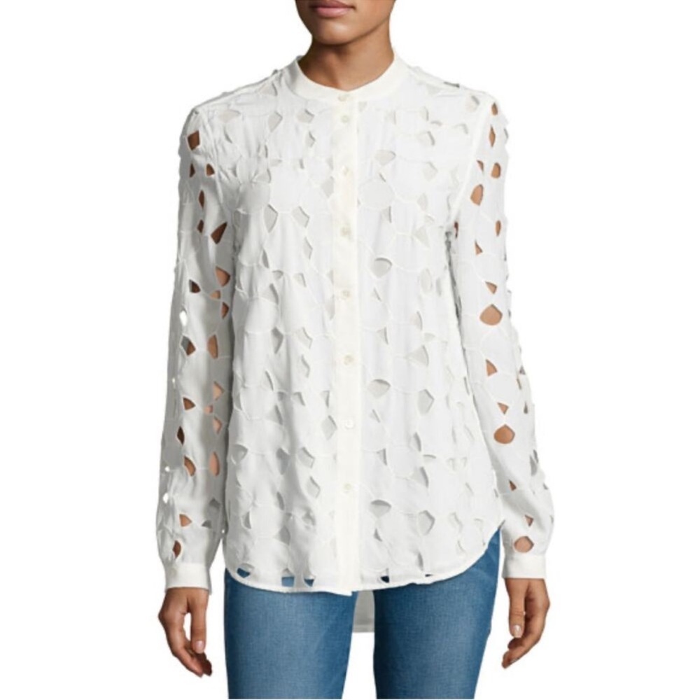 EQUIPMENT GUC Henri Embroidered Cutout Silk Shirt White XS Button Down Geometric